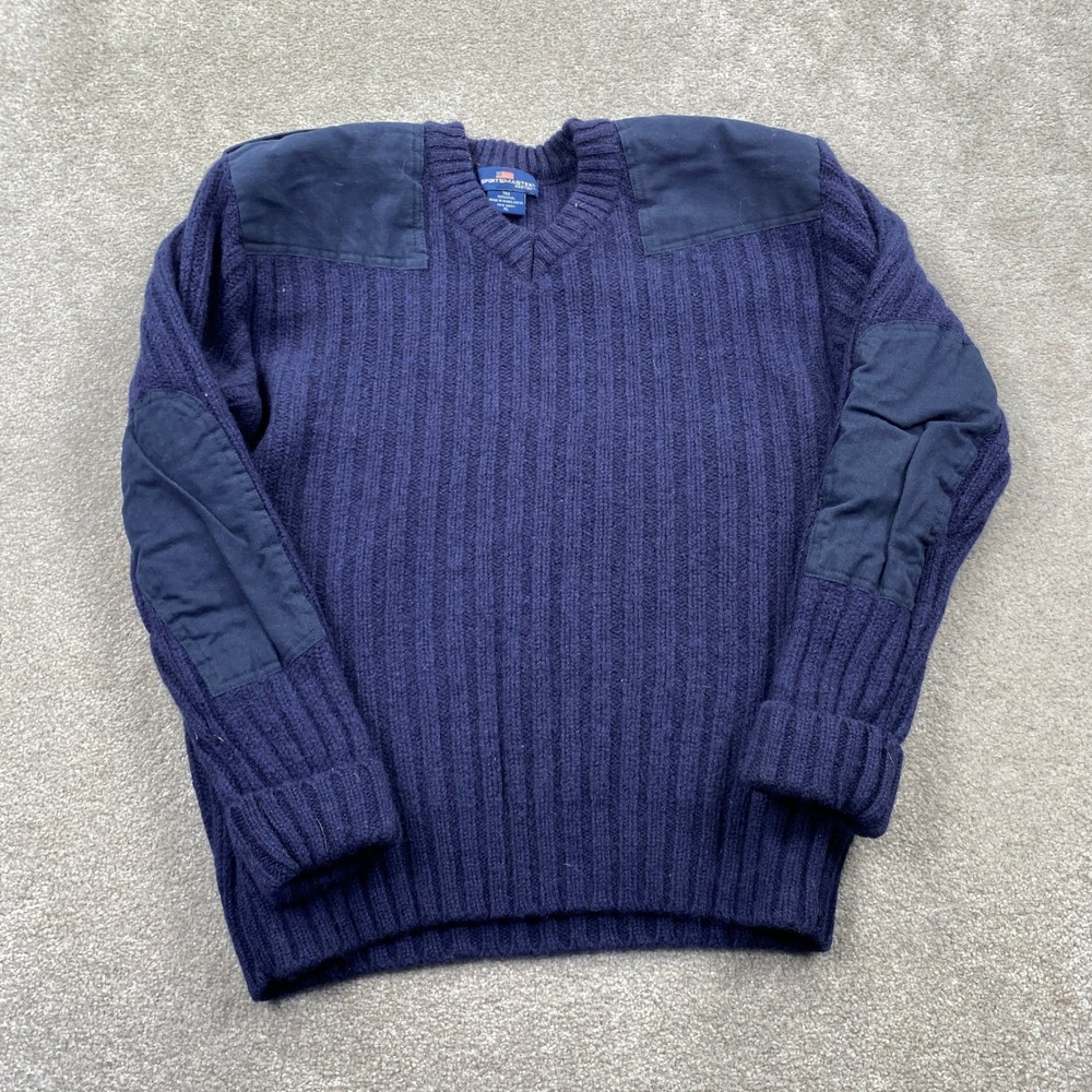 Sportsmaster Wool Sweater Mens XL Navy Blue Commando Ribbed V-Neck Patches